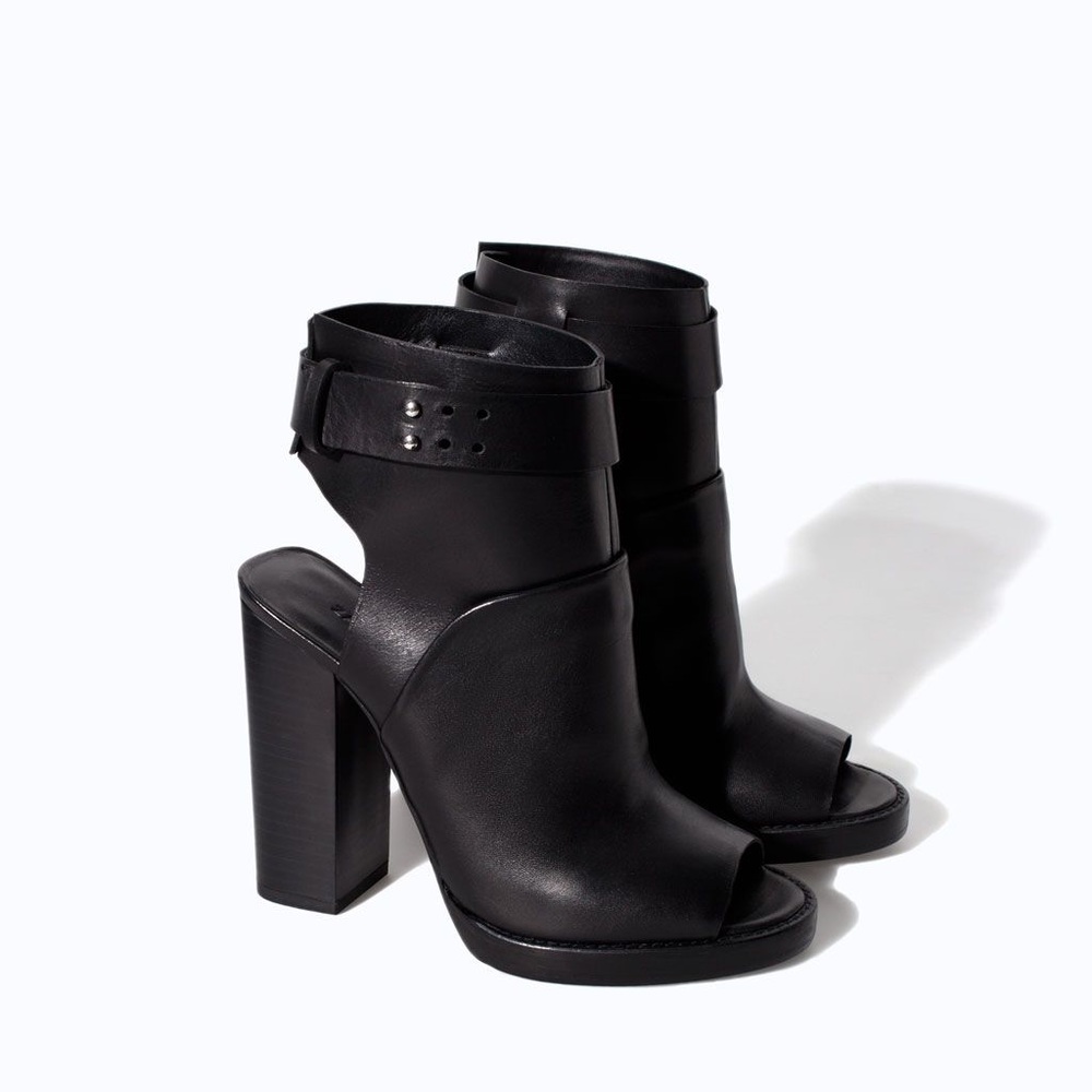 Zara black booties with chucky heels and heels out